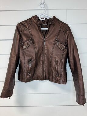 Jou Jou Metallic Bronze Faux Leather Zip Jacket